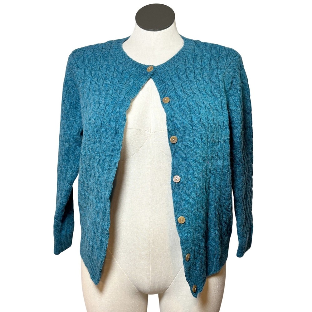 Appleseeds Womens 1X Teal Blue 100% Wool Cable Knit Button Front Sweater